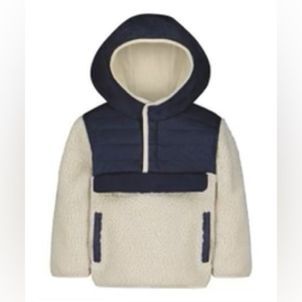 London Fog Dark Blue & Cream Color-Block Puffer-Panel Sherpa Hooded Pullover